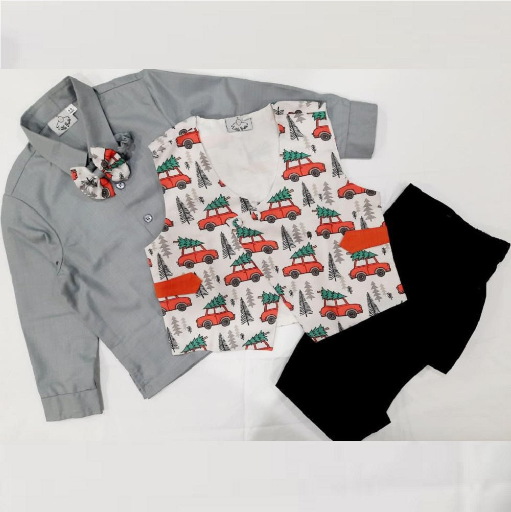 Grey Shirt Black Pant Car Print Waist Coat With Bow Tie Set