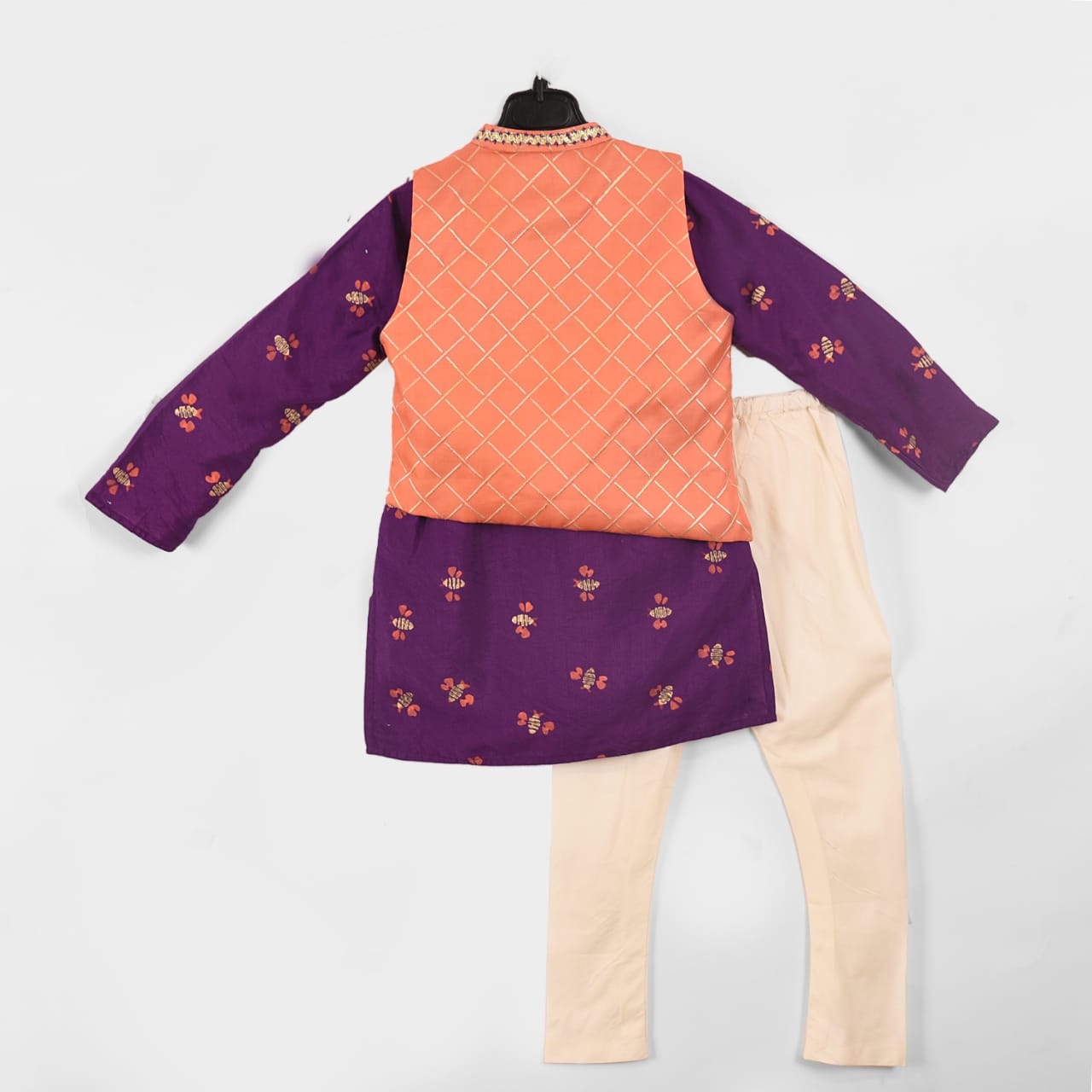 Honey Bee Printed Purple Kurta With Foil Print Aysmatrical Peach Jacket Set