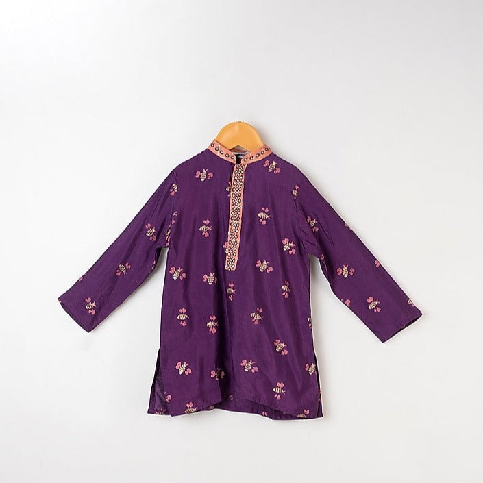 Honey Bee Printed Purple Kurta With Foil Print Aysmatrical Peach Jacket Set