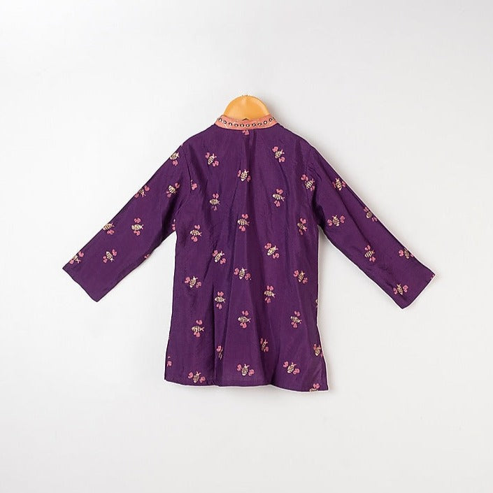 Honey Bee Printed Purple Kurta With Foil Print Aysmatrical Peach Jacket Set