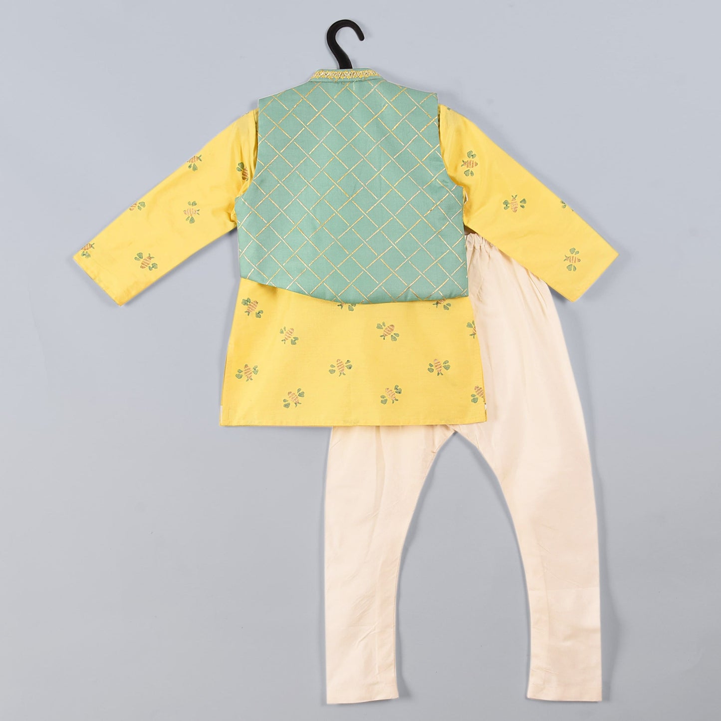 Honey Bee Printed Yellow Kurta With Foil Print Aysmatrical Aqua Blue Jacket Set