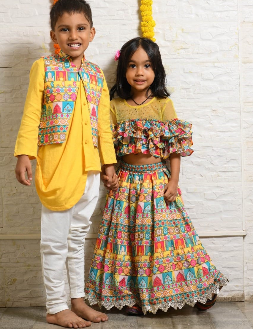 Yellow Drape Kurta With Multi Colour Asymmetrical Jacket Set