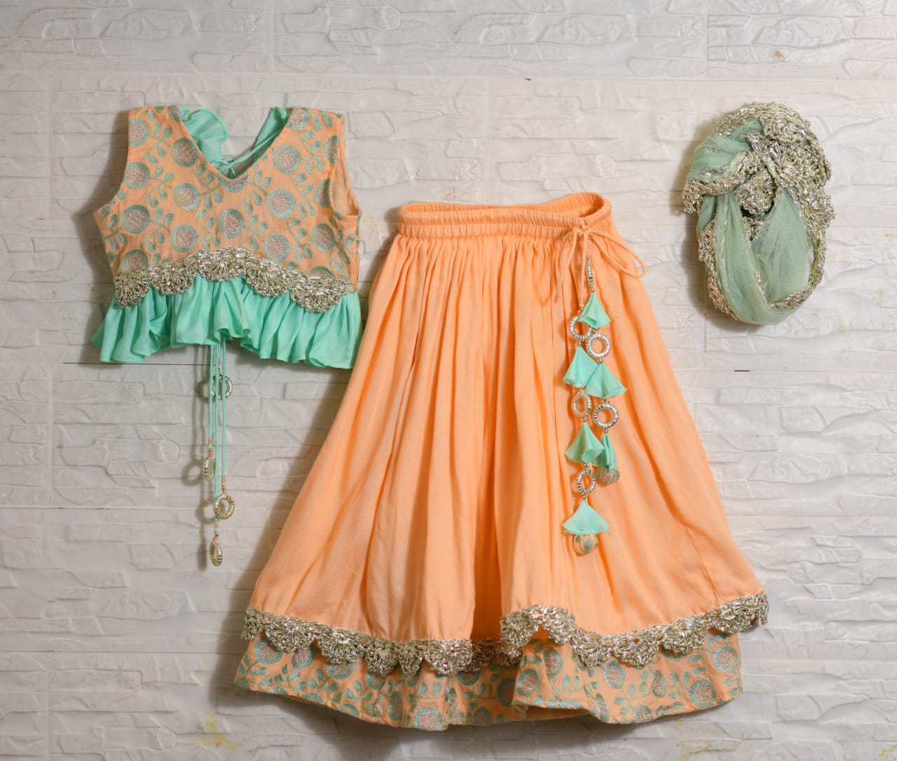 Peach And Aqua Green Heavy Embroidered Blouse And Ghagara Set