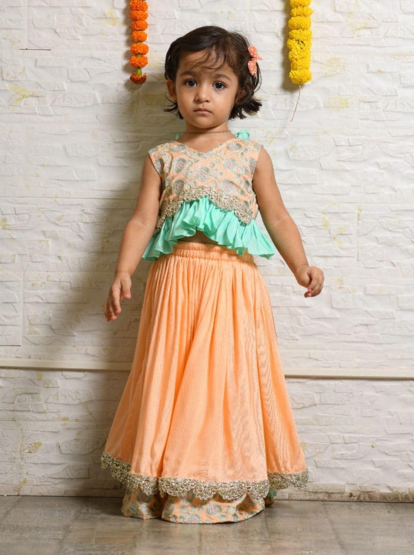Peach And Aqua Green Heavy Embroidered Blouse And Ghagara Set