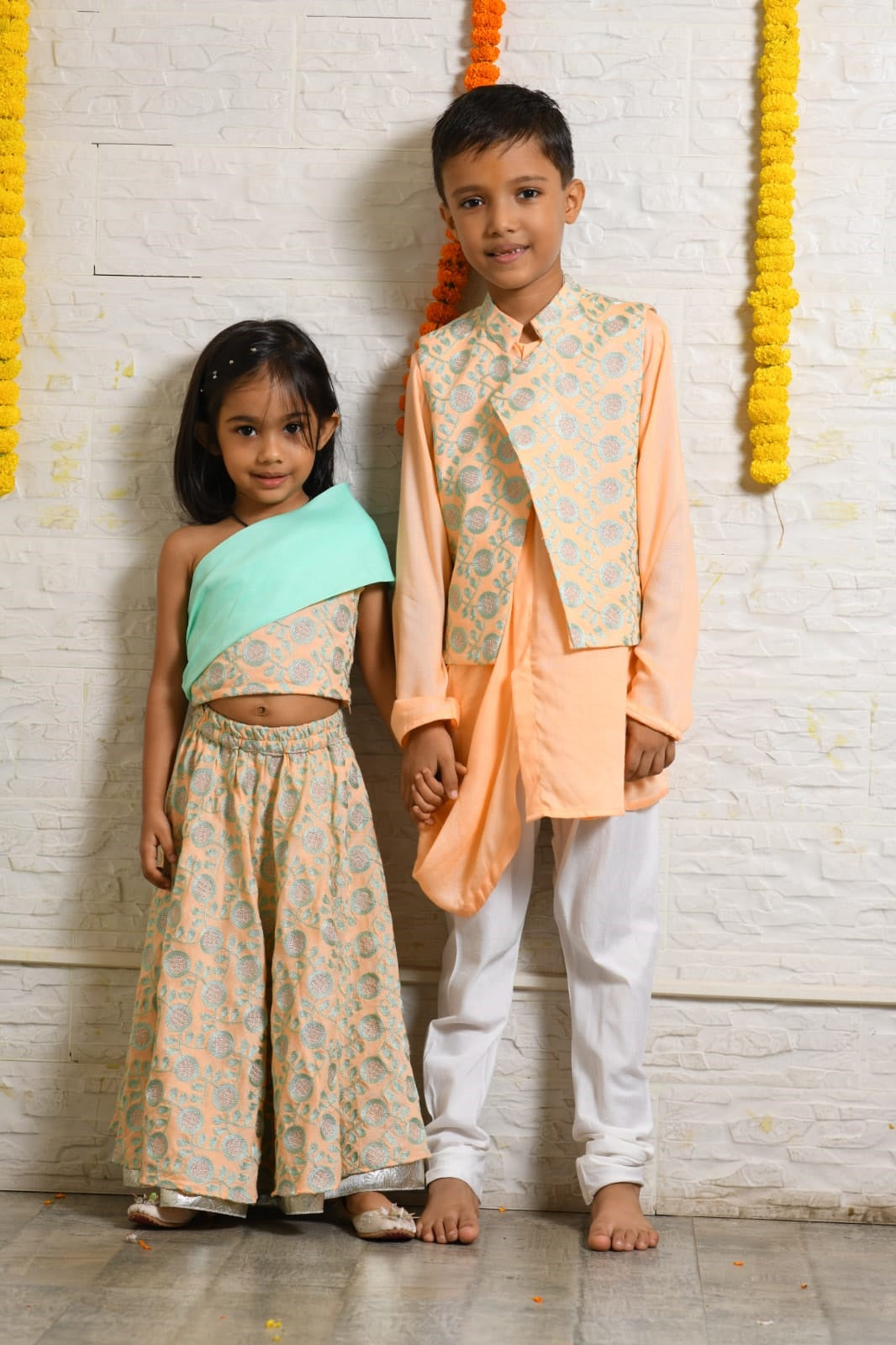 Peach And Aqua Green Heavy Embroidered Stylish Top And Ghagara Set