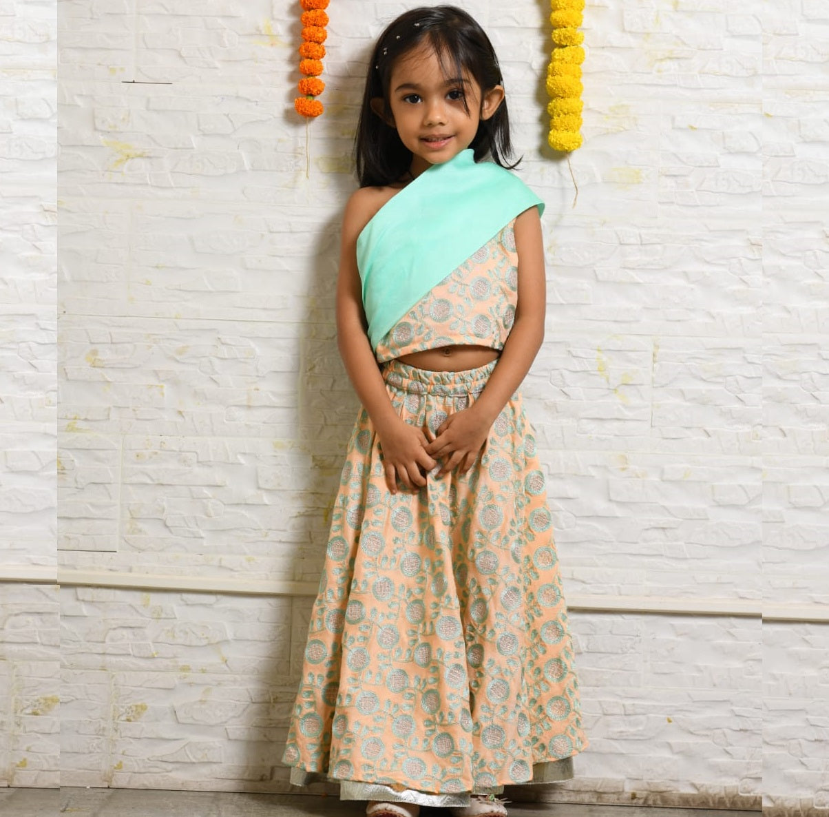 Peach And Aqua Green Heavy Embroidered Stylish Top And Ghagara Set