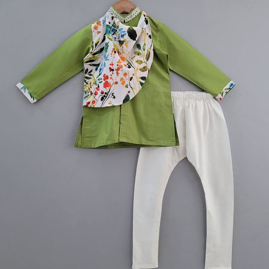 Pista Green Cowl Neck Leafy Printed Embroidered Kurta With Churidar Set