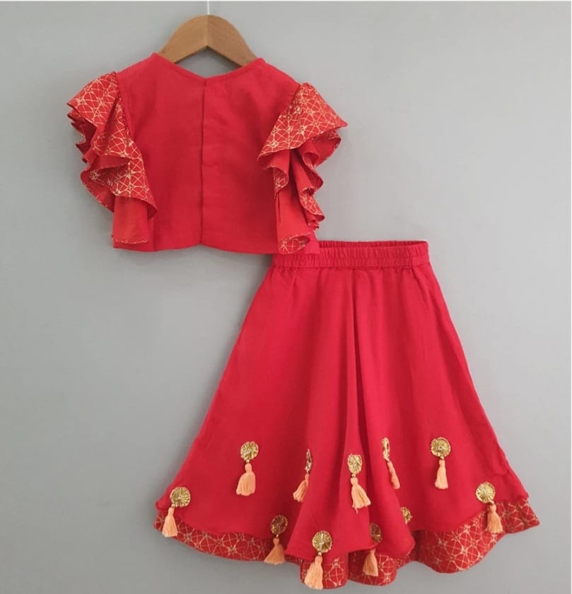 Red Embroidered Ghagara With Ruffle Sleeves