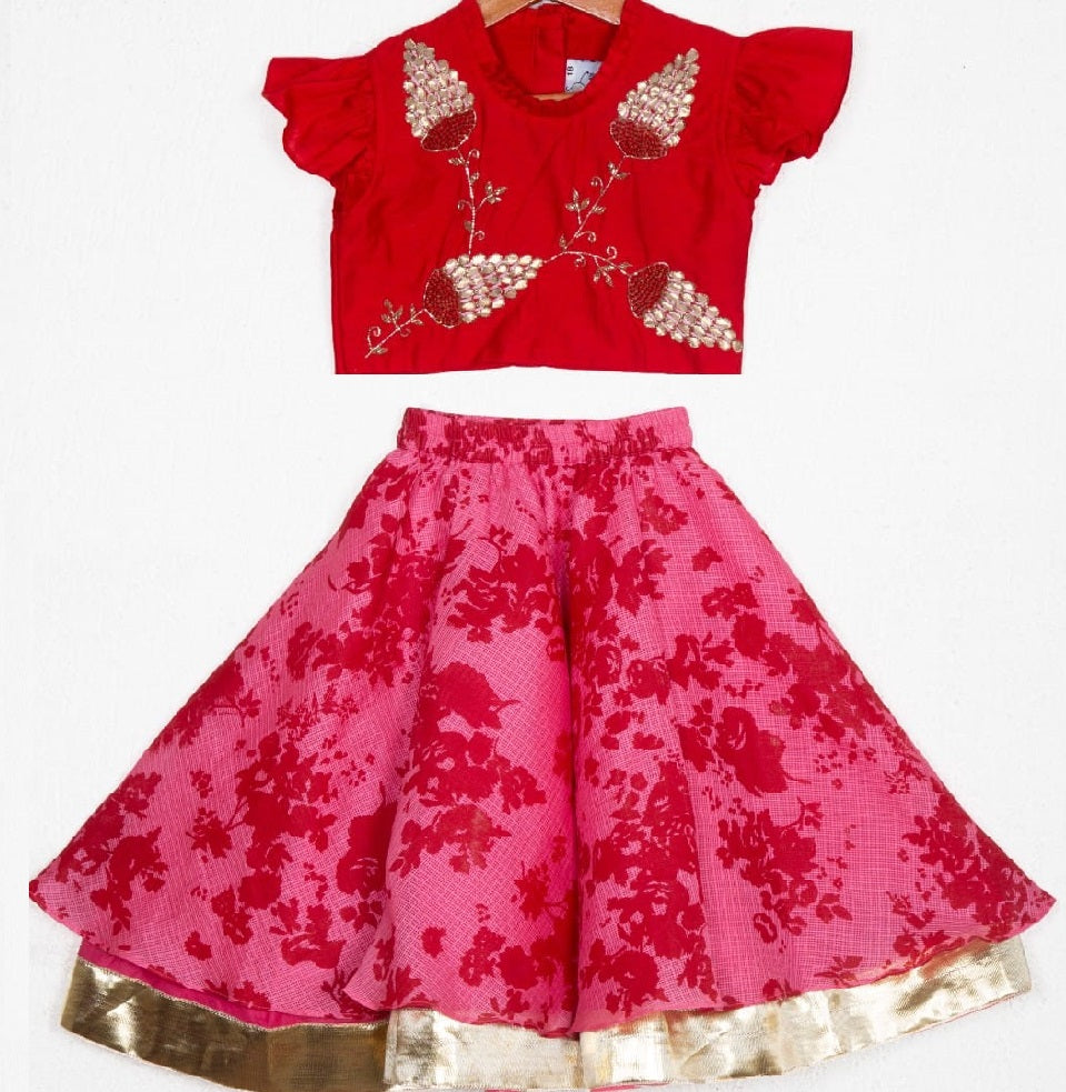 Red Embroidered Blouse With Kota Printed Ghagara Set