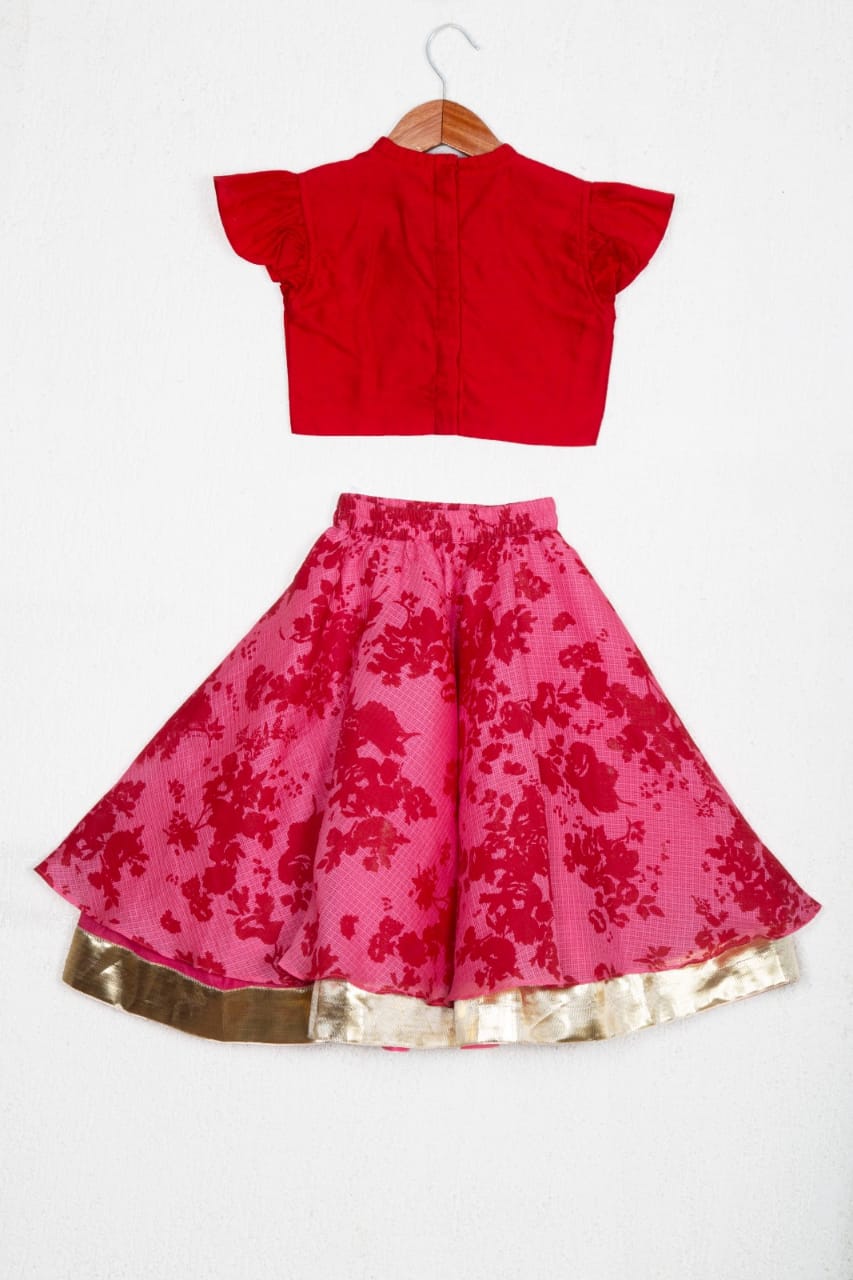 Red Embroidered Blouse With Kota Printed Ghagara Set