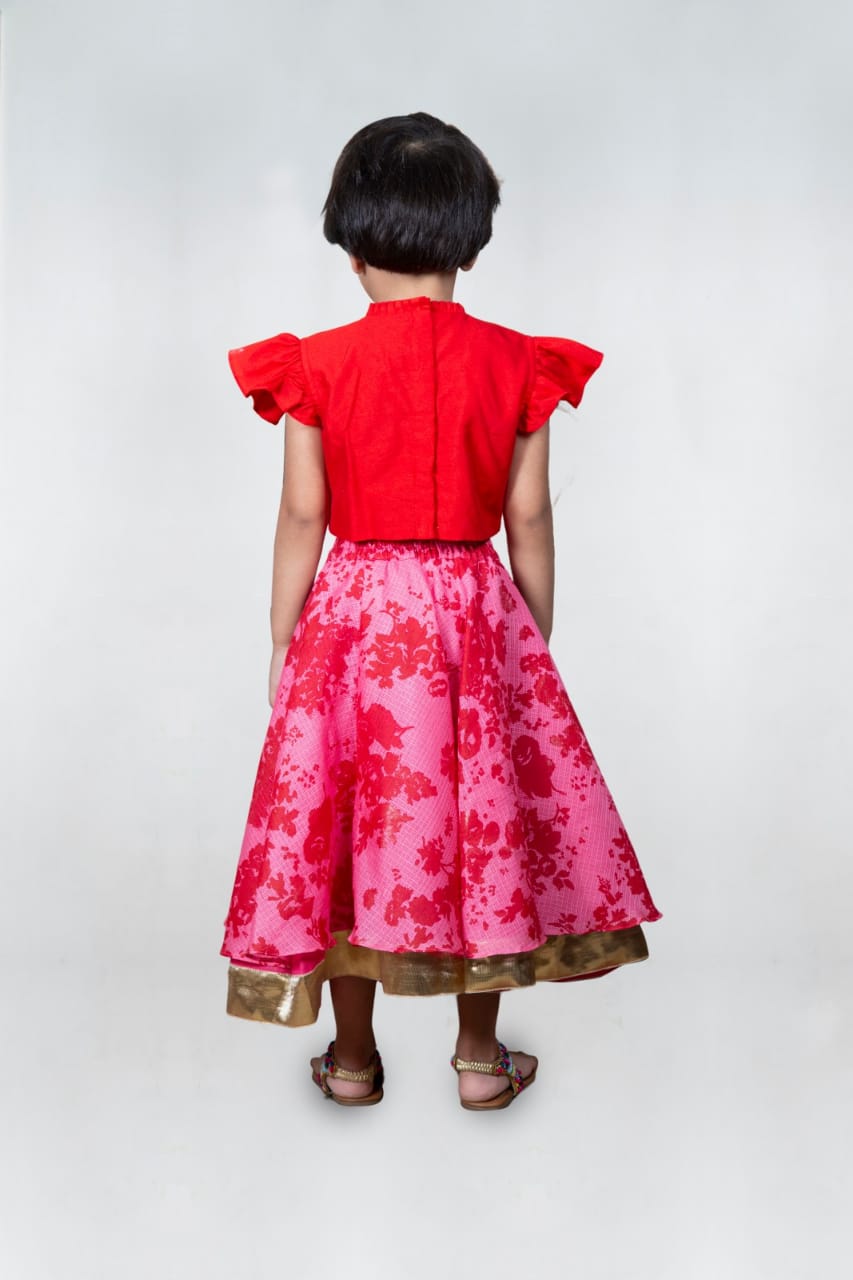 Red Embroidered Blouse With Kota Printed Ghagara Set