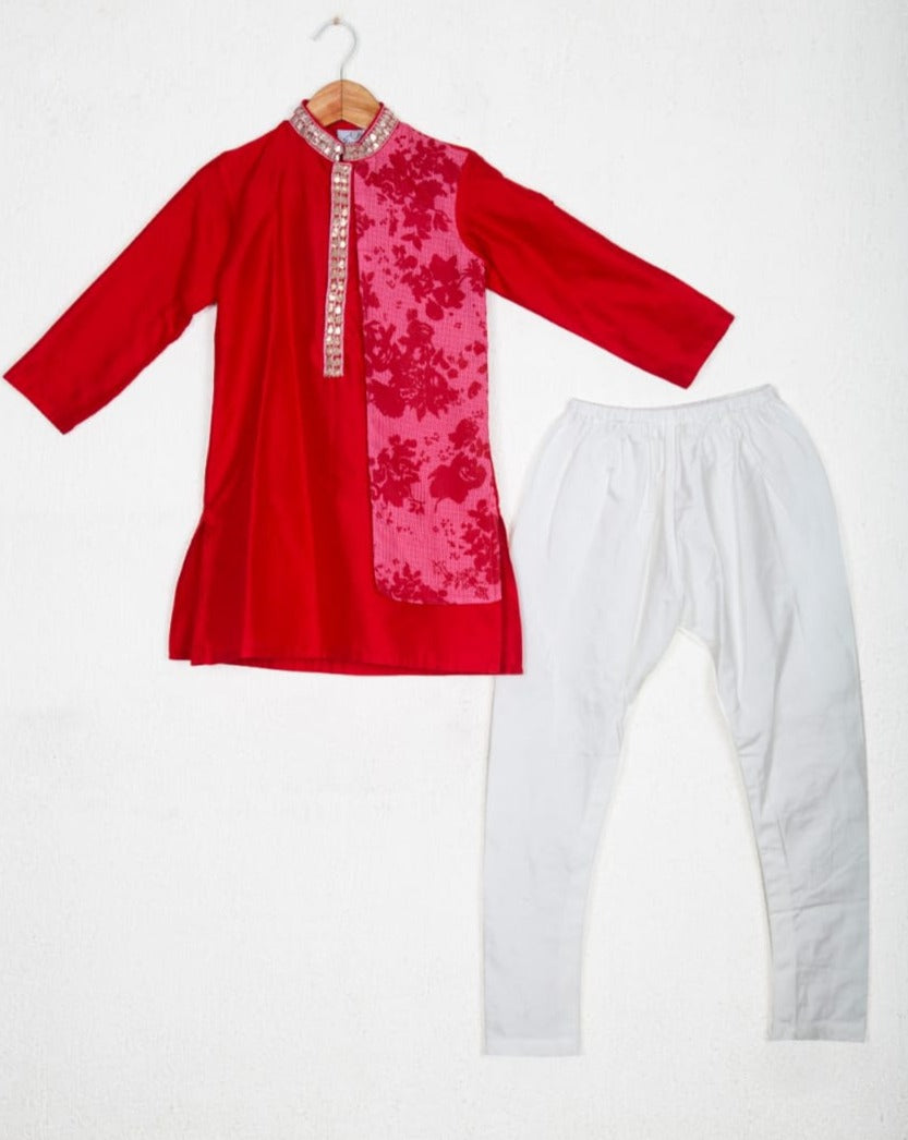 Red Embroidered Kurta With Kota Printed Attached Flap Set