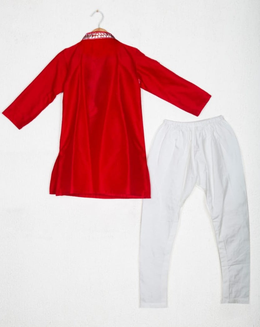 Red Embroidered Kurta With Kota Printed Attached Flap Set