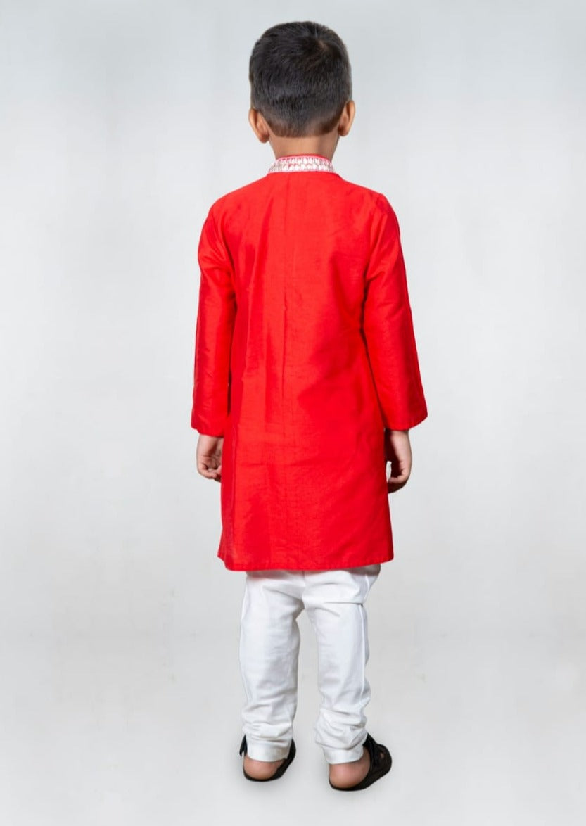 Red Embroidered Kurta With Kota Printed Attached Flap Set