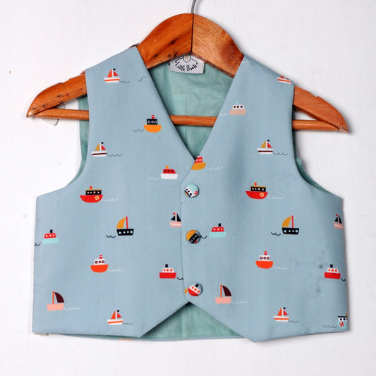 Aqua Blue Boat Printed Waist Coat