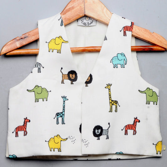White Animal Printed Waist Coat