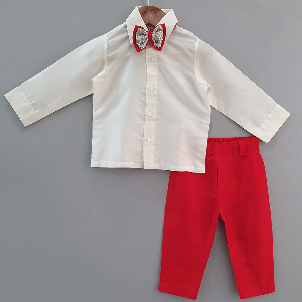 White Shirt/Red Pant/Red Half Jacket With Raindeer Embroidery/Bow Set