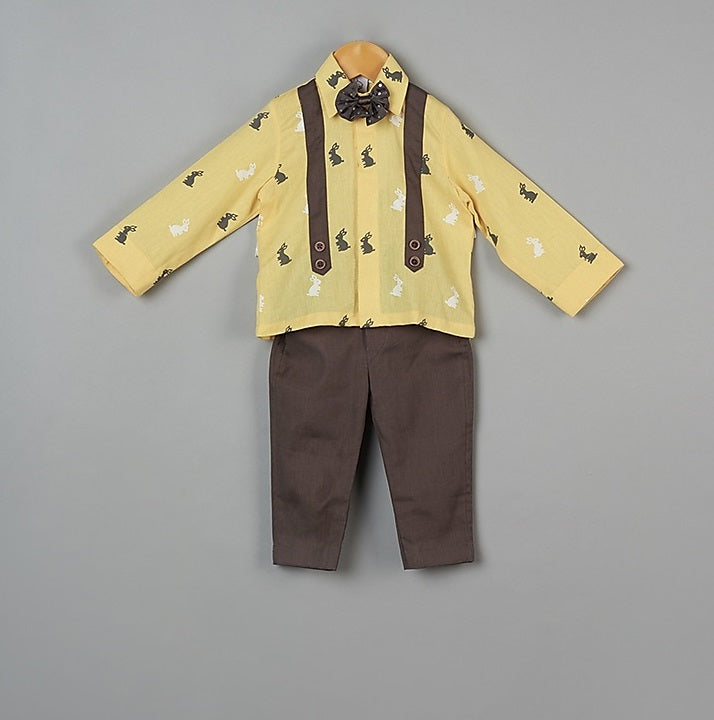 Bunny Print Yellow Shirt With Grey Pant And Bow Set