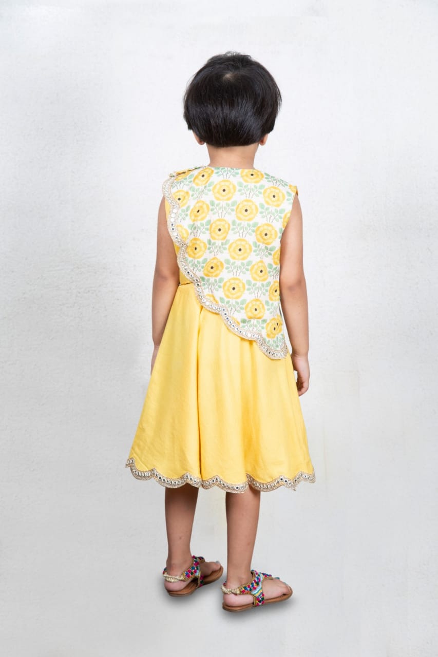 Yellow Dress With Floral Printed Cape