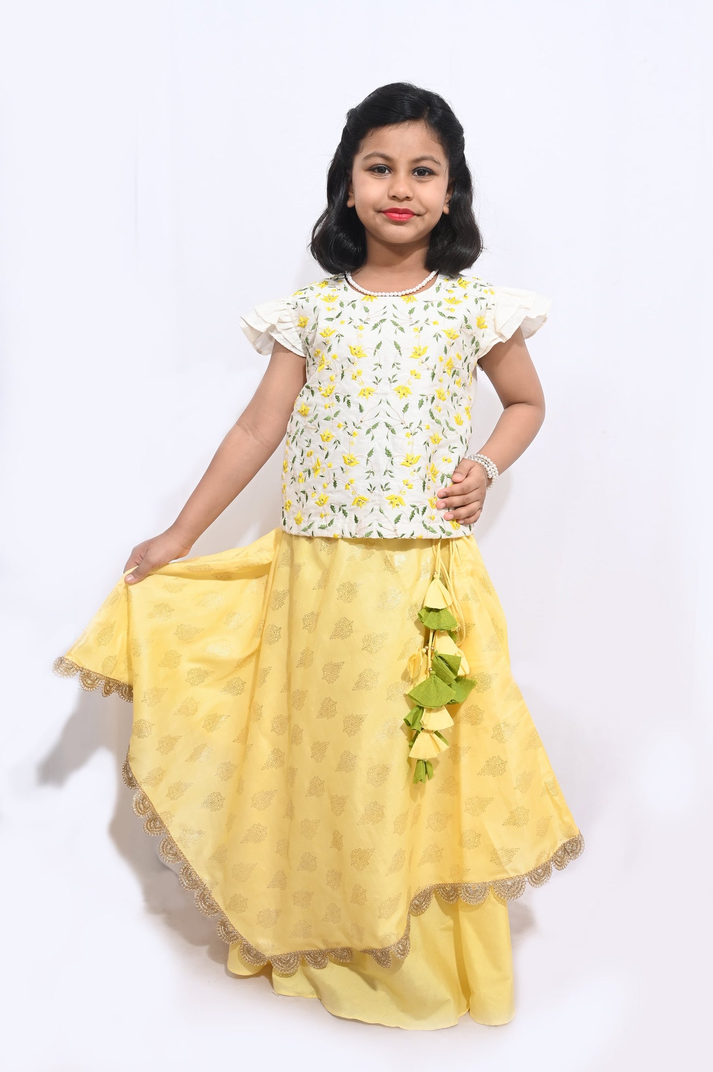 Yellow/White Heavy Embrodired Gaghra