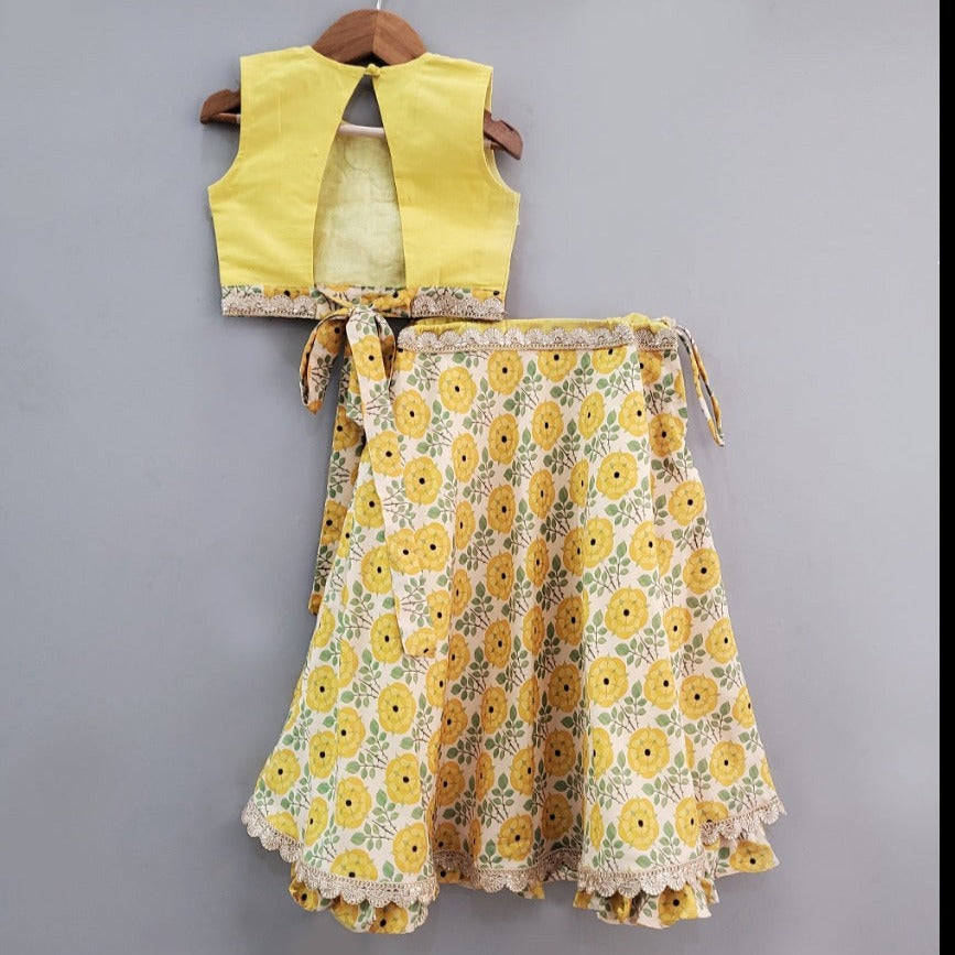 Yellow Embroidered Blouse With Floral Printed Ghagara