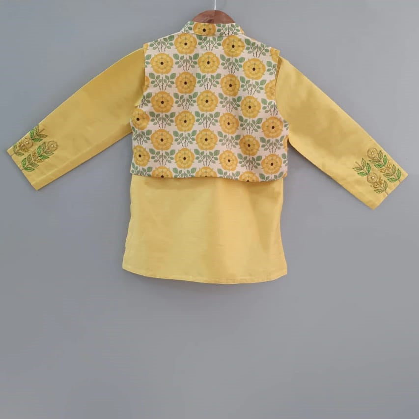 Yellow Embroidered Kurta With Floral Printed Asymmertical Jacket Set