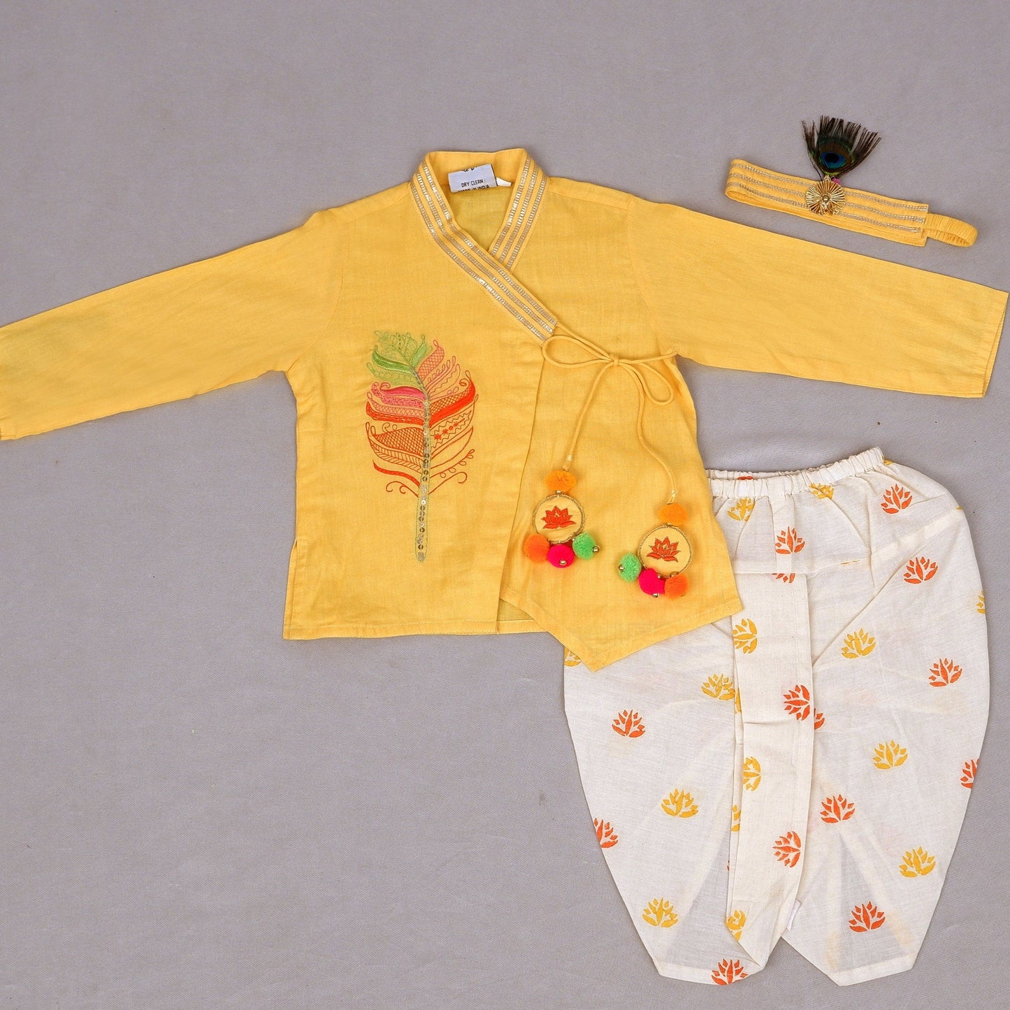 Yellow Embroidered Kurta With Printed Dhoti For Krishna Dress