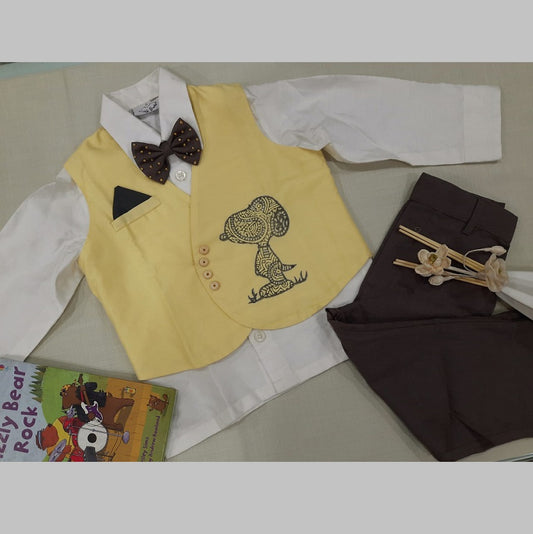 White Shirt Grey Pant Yellow Scoopy Print Waist Coat With Bow Tie Set