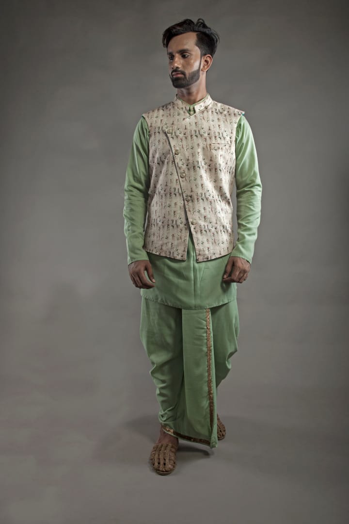 Olive Green Dhoti Kurta With Printed Jacket Set
