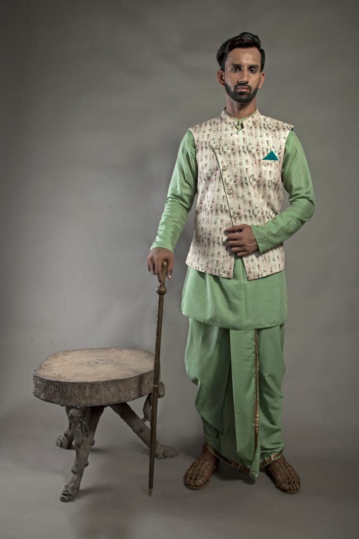 Olive Green Dhoti Kurta With Printed Jacket Set