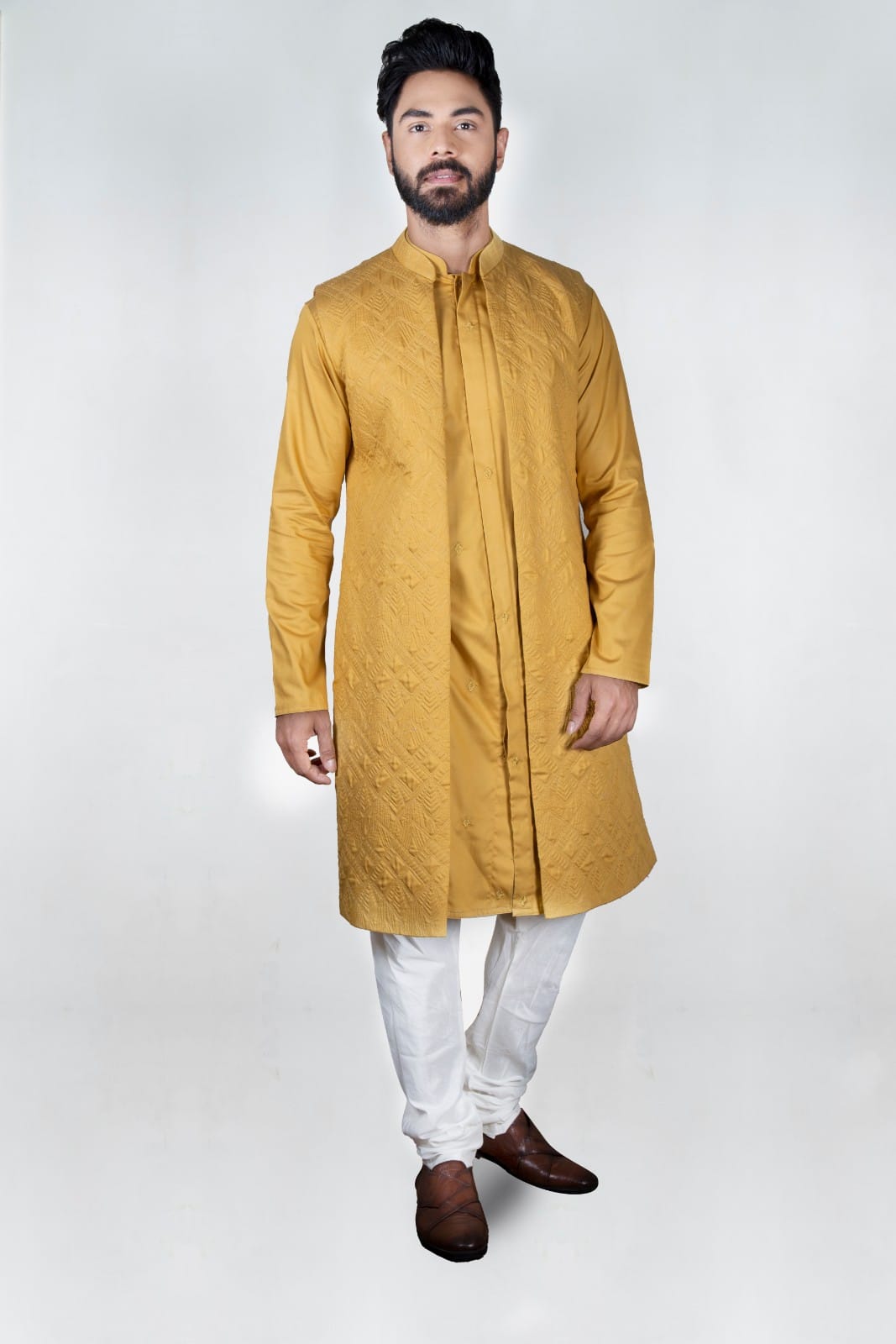 Mustard Quilt Long Open Jacket Kurta Set