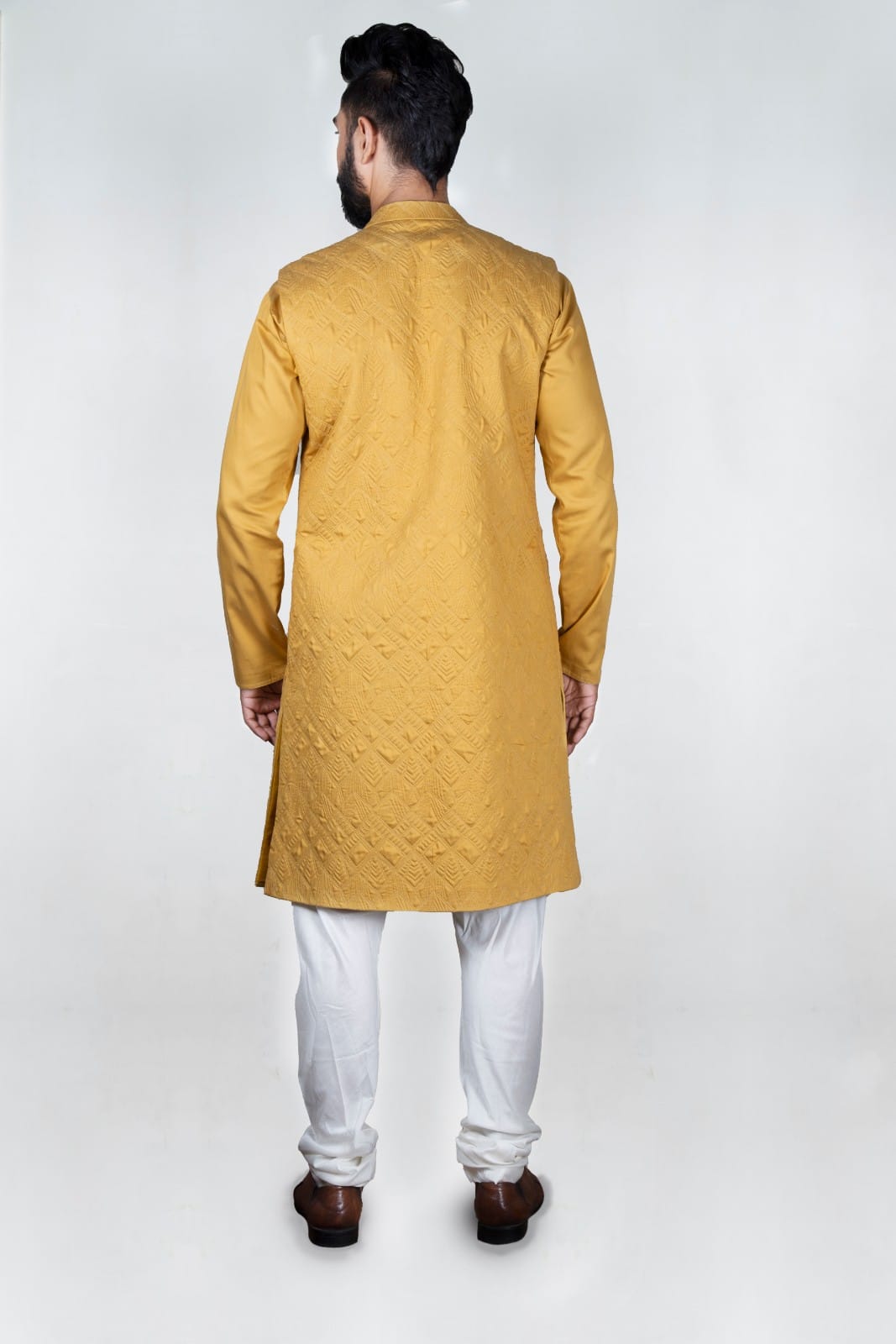Mustard Quilt Long Open Jacket Kurta Set