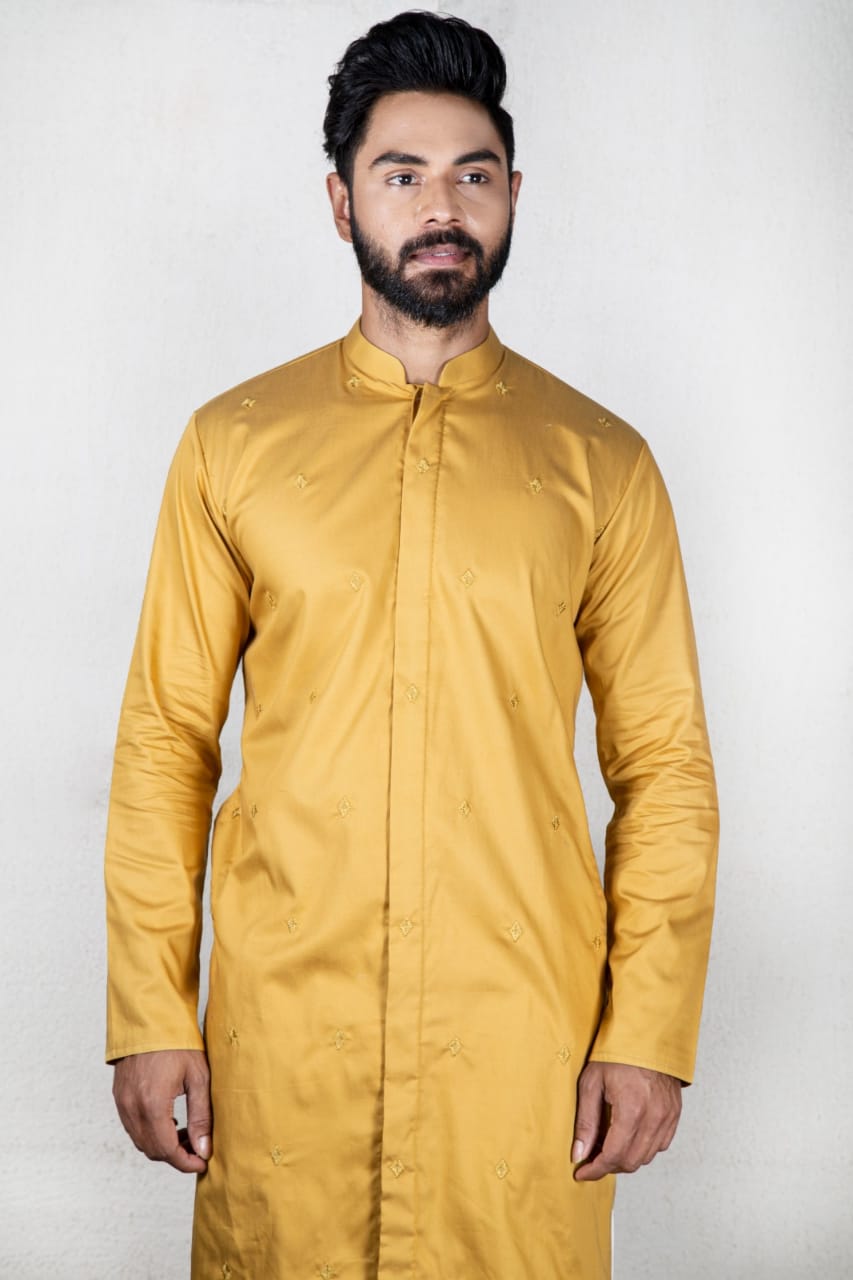Mustard Quilt Long Open Jacket Kurta Set