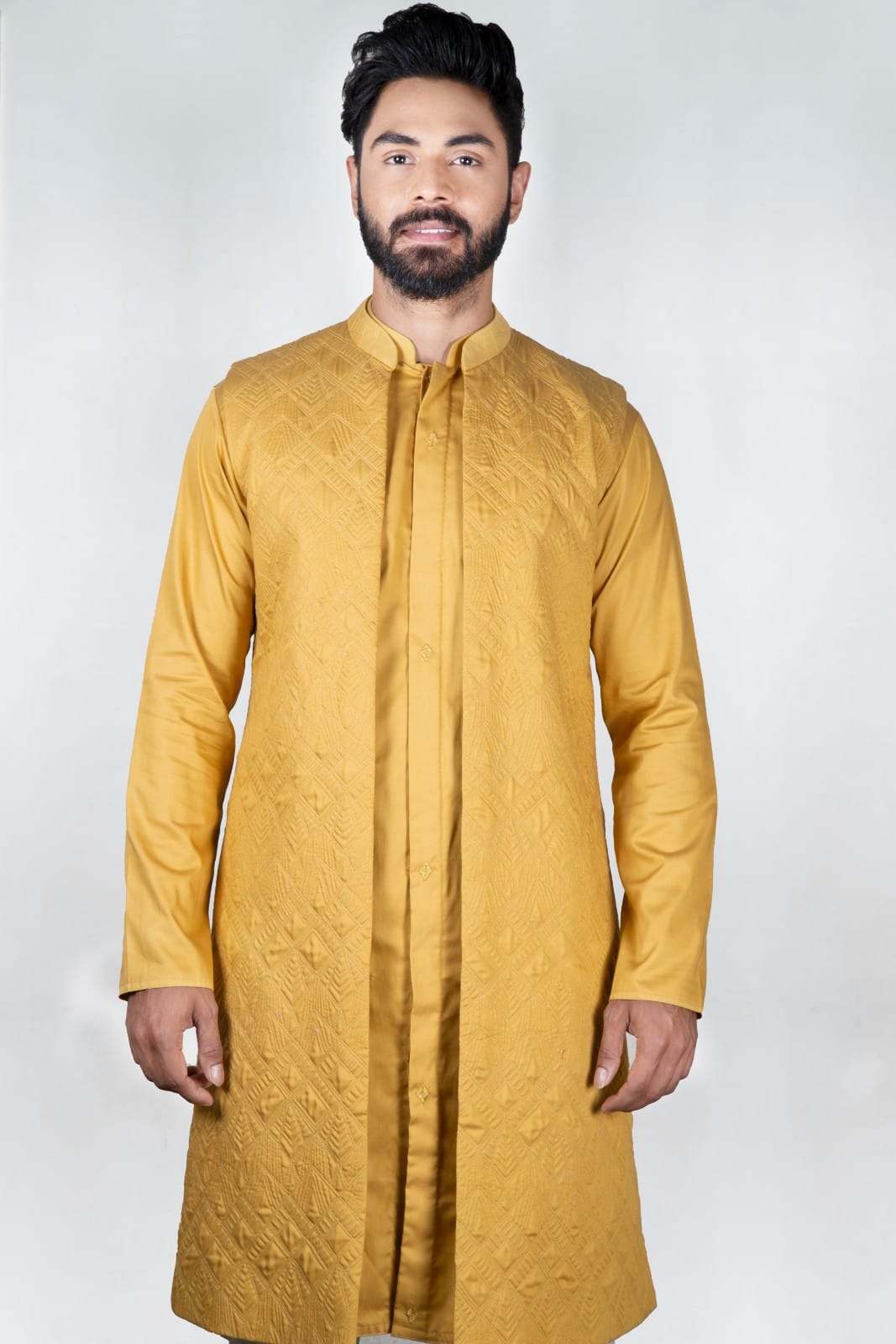 Mustard Quilt Long Open Jacket Kurta Set