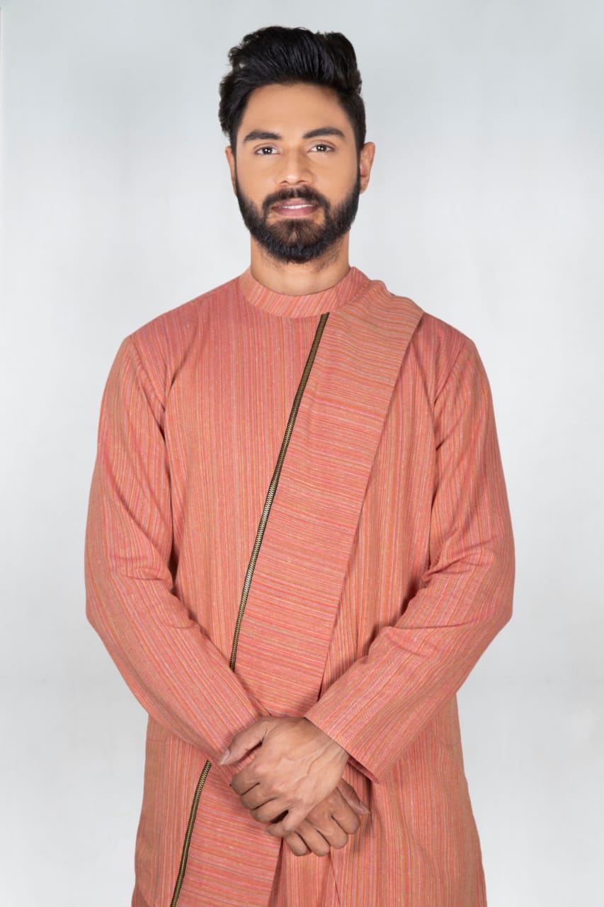 Deep Peach Self Design Stylish Asytmmatrical Kurta Set