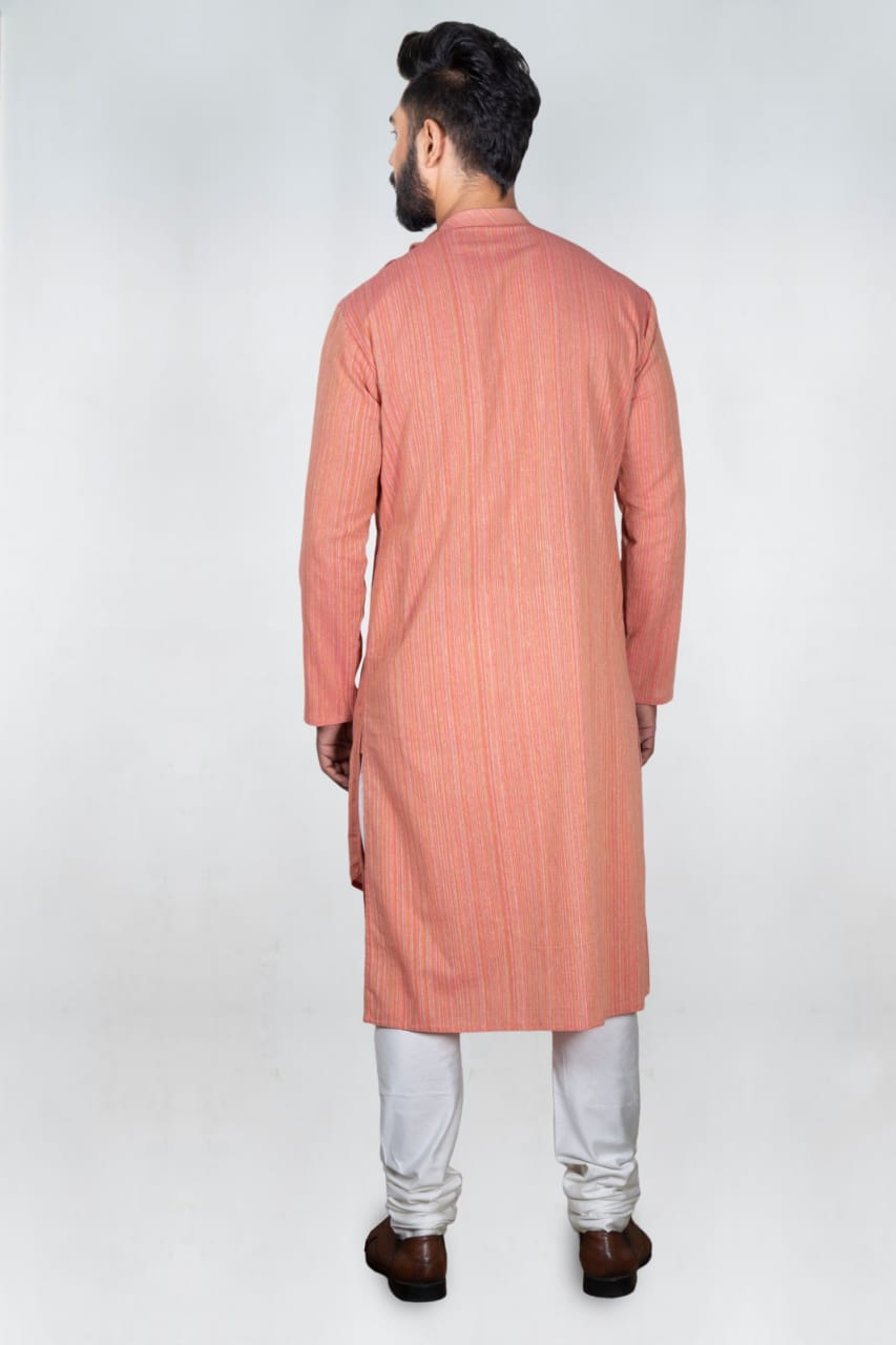 Deep Peach Self Design Stylish Asytmmatrical Kurta Set