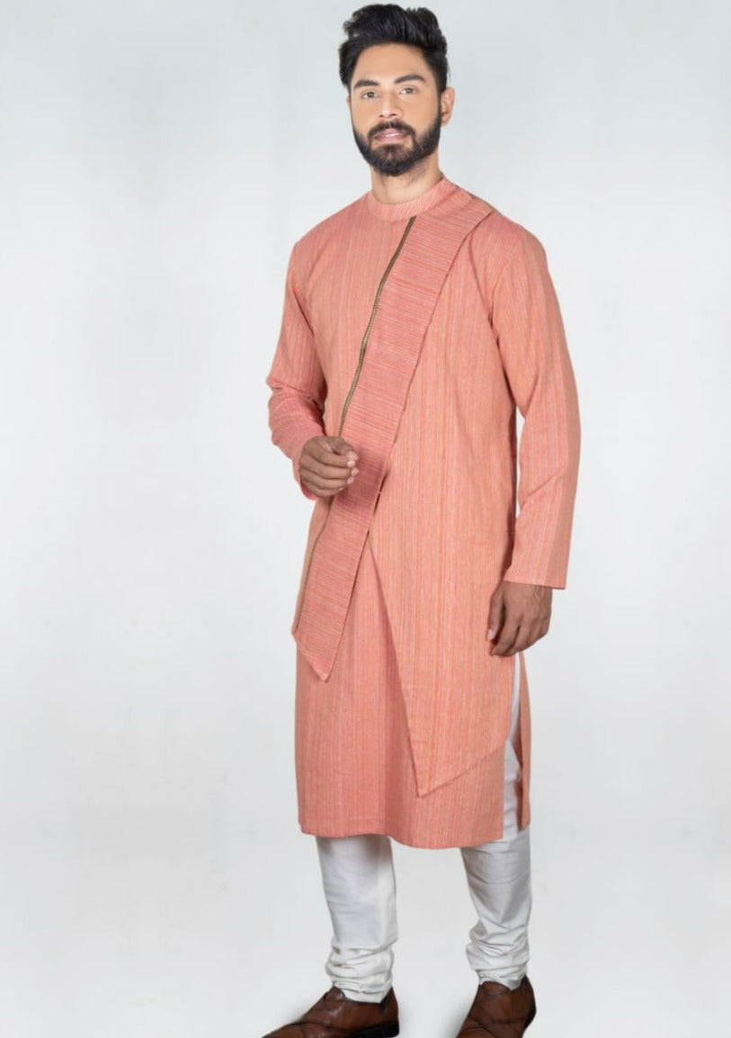 Deep Peach Self Design Stylish Asytmmatrical Kurta Set