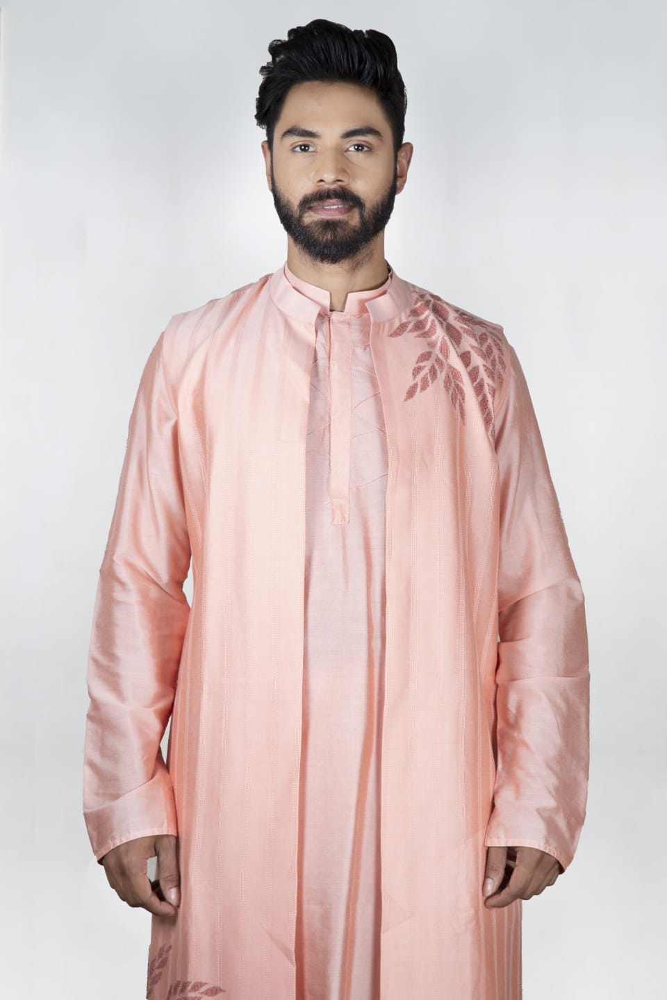 Pink Pintux Kurta With Applique Long Open Jacket Set