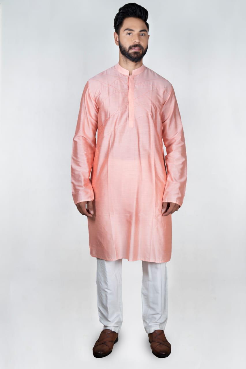 Pink Pintux Kurta With Applique Long Open Jacket Set