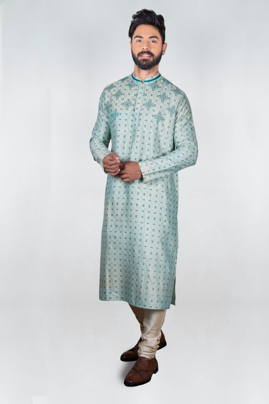 Aqua Blue Printed Embroidered Kurta Set