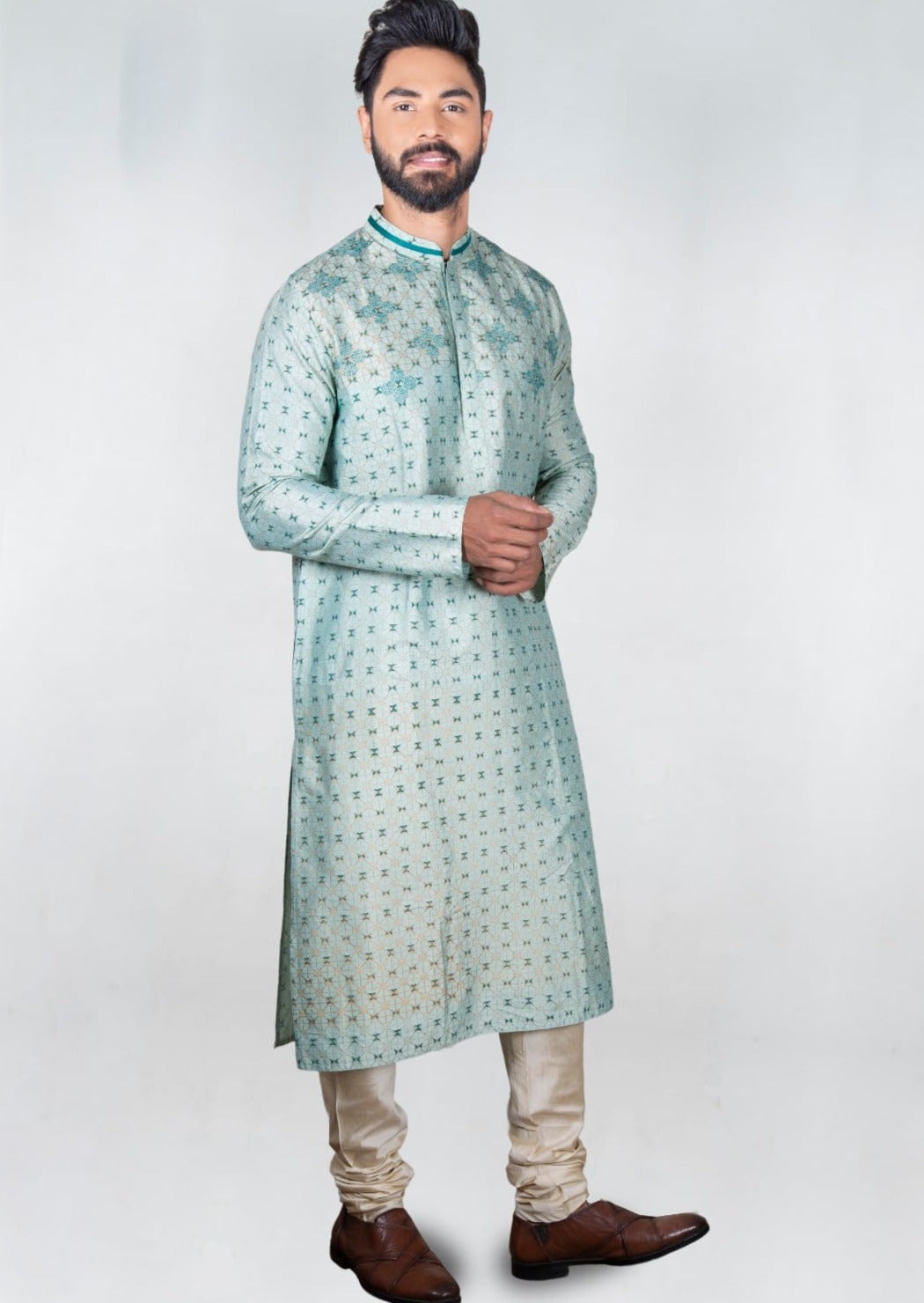 Aqua Blue Printed Embroidered Kurta Set