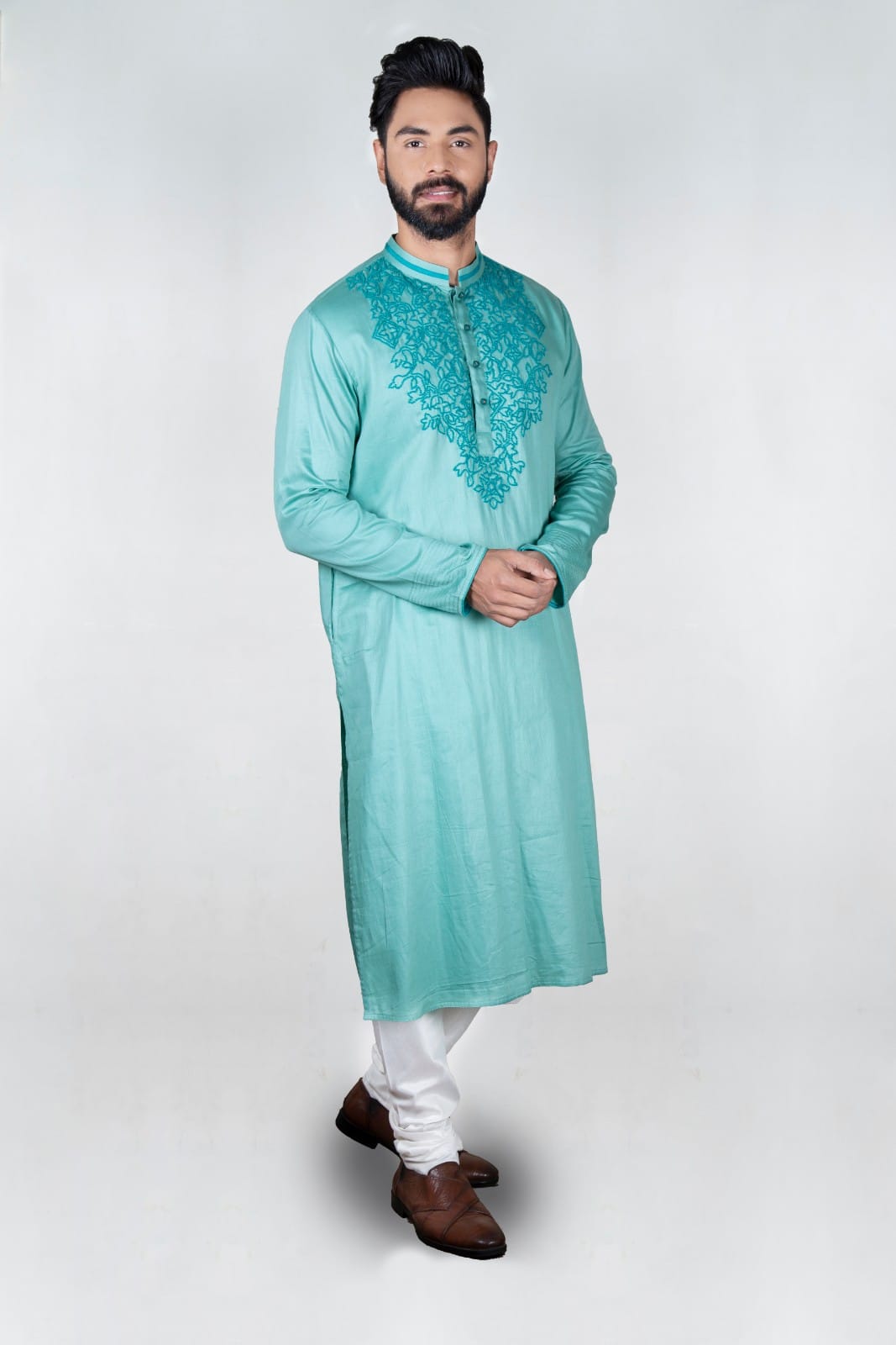 Deep Aqua Blue Knot Hand Embroidered Kurta Set