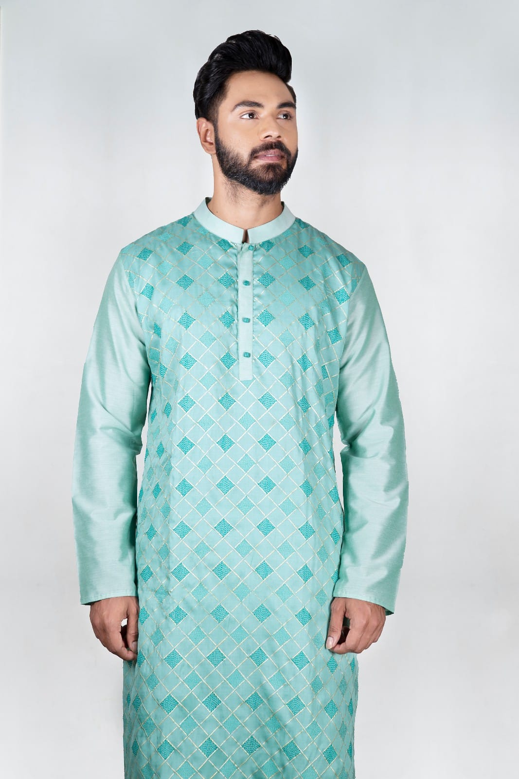 Light Aqua Blue Heavy Katha Embroidered Zal Kurta Set
