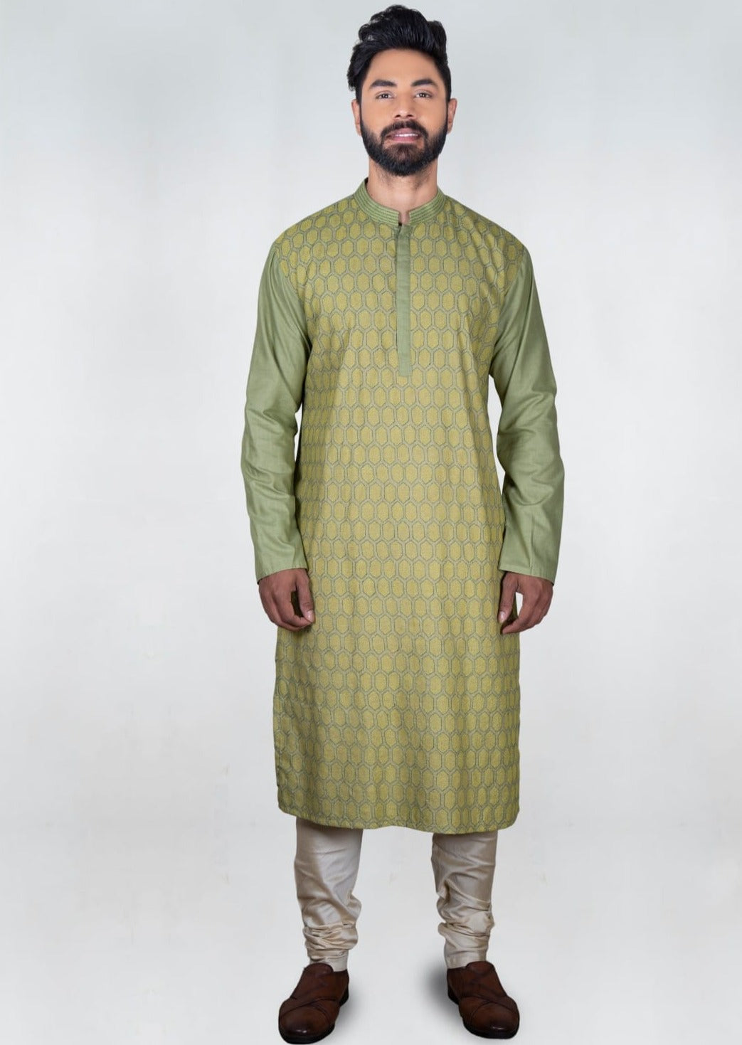 Olive Green Heavy Katha Embroidered Zal Kurta Set