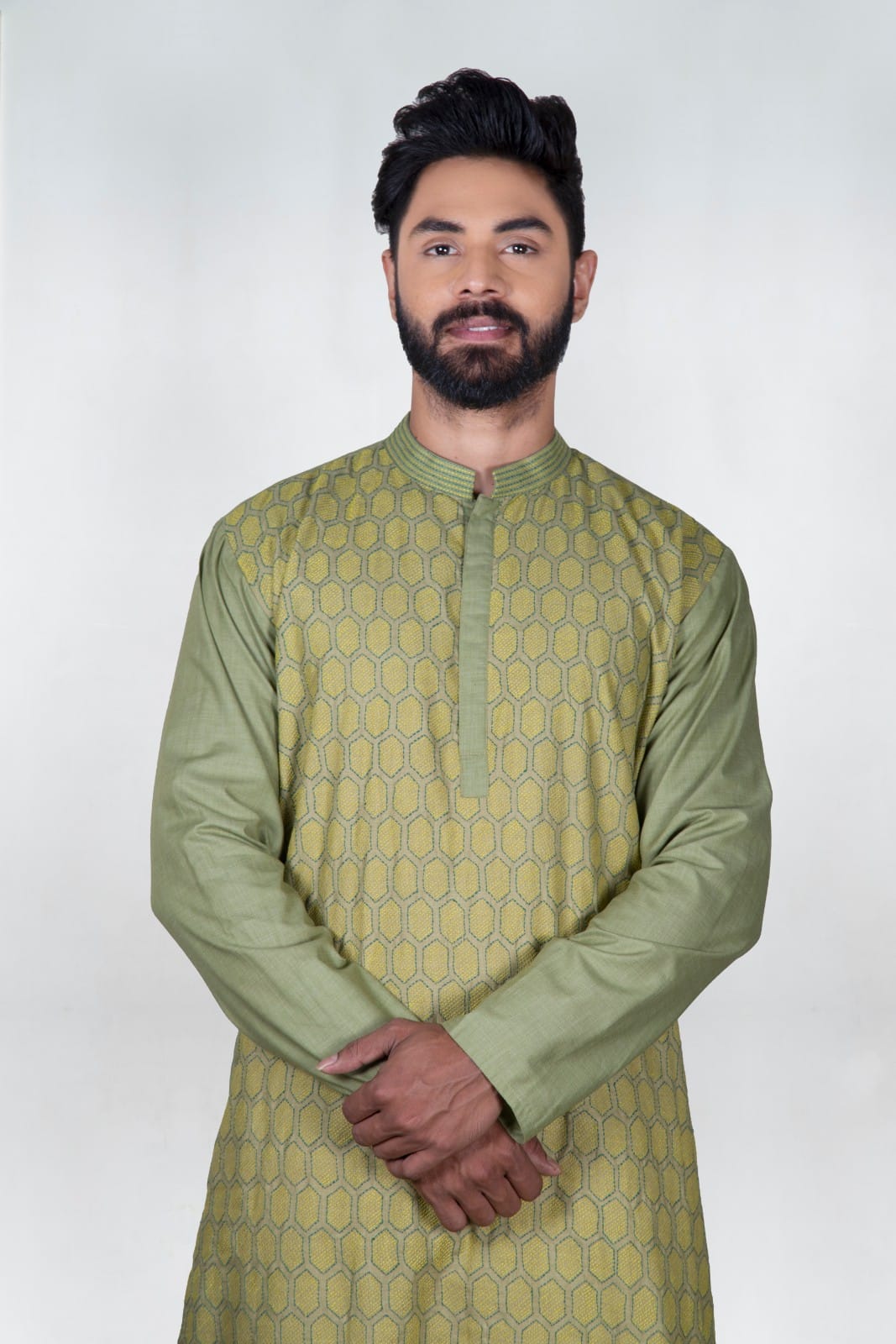 Olive Green Heavy Katha Embroidered Zal Kurta Set