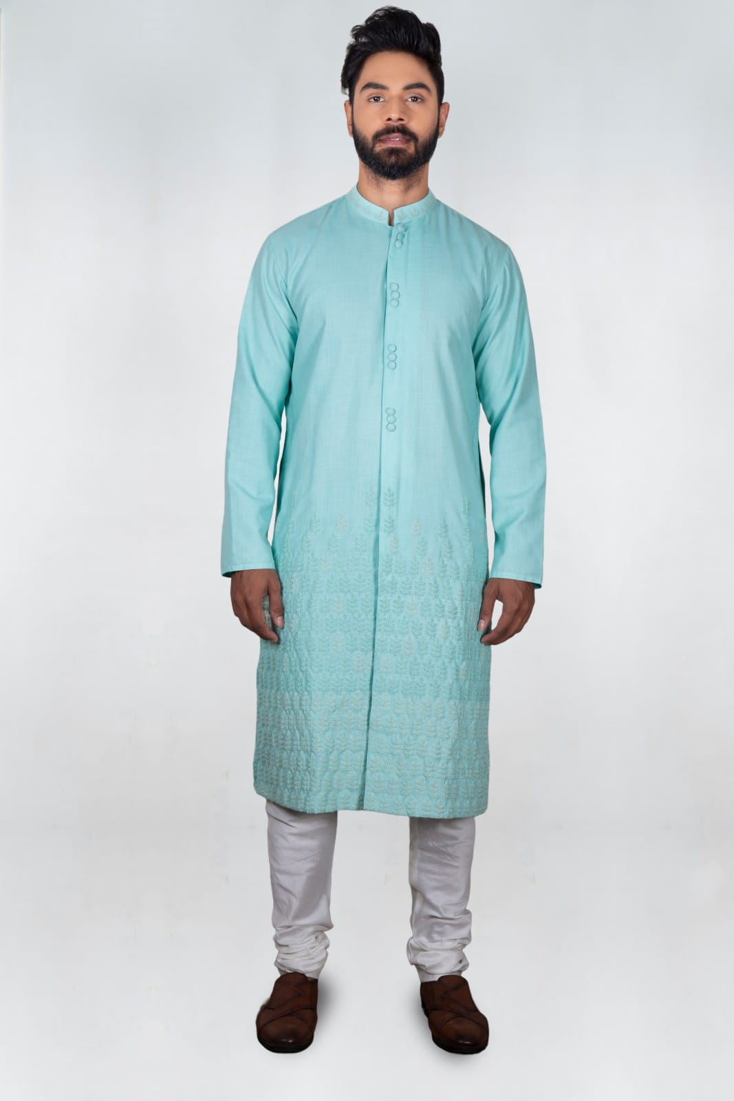 Light Blue Front Open With Cord Embroidered Kurta Set