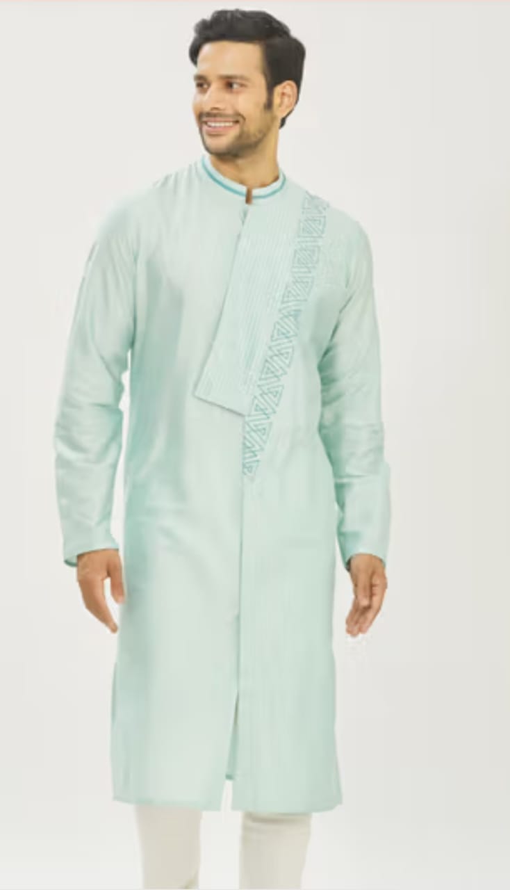 Aqua Blue Gemetrical Embroidered With Pleating Kurta Set