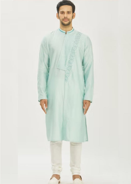 Aqua Blue Geometrical Embroidered With Pleating Kurta Set