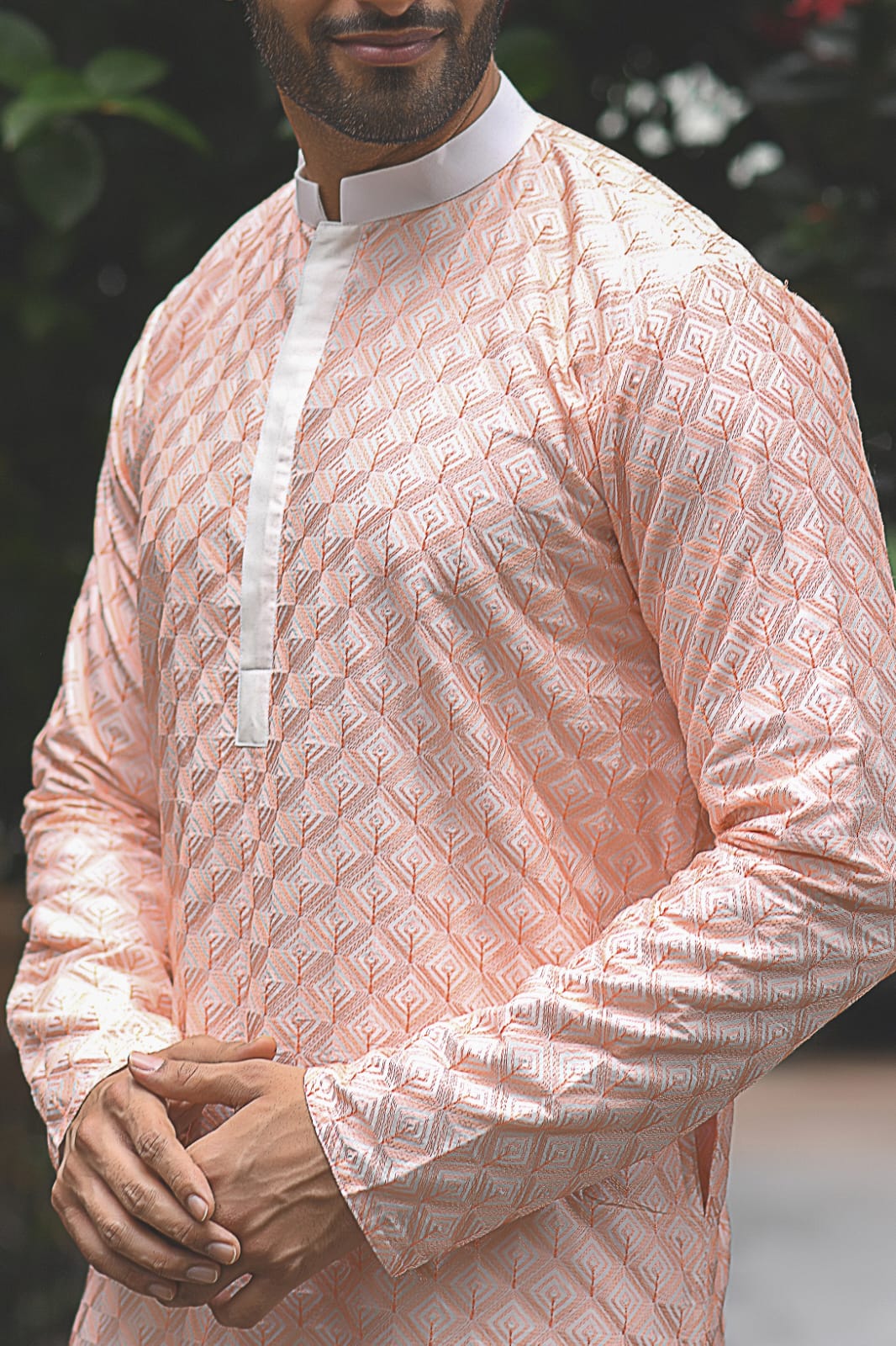 Peach Geomertical Shape Embroidered All Over Kurta Set