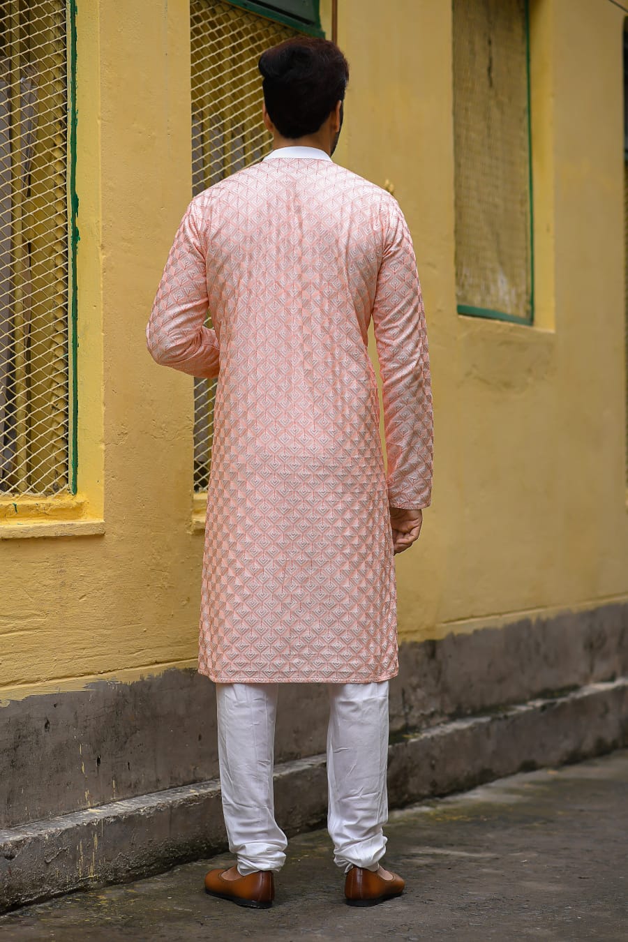 Peach Geomertical Shape Embroidered All Over Kurta Set